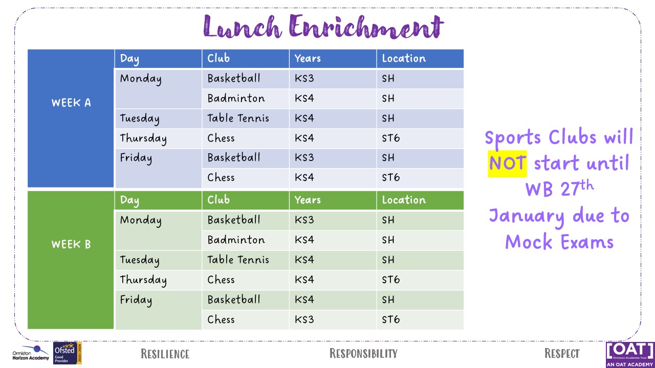 enrichment timetable